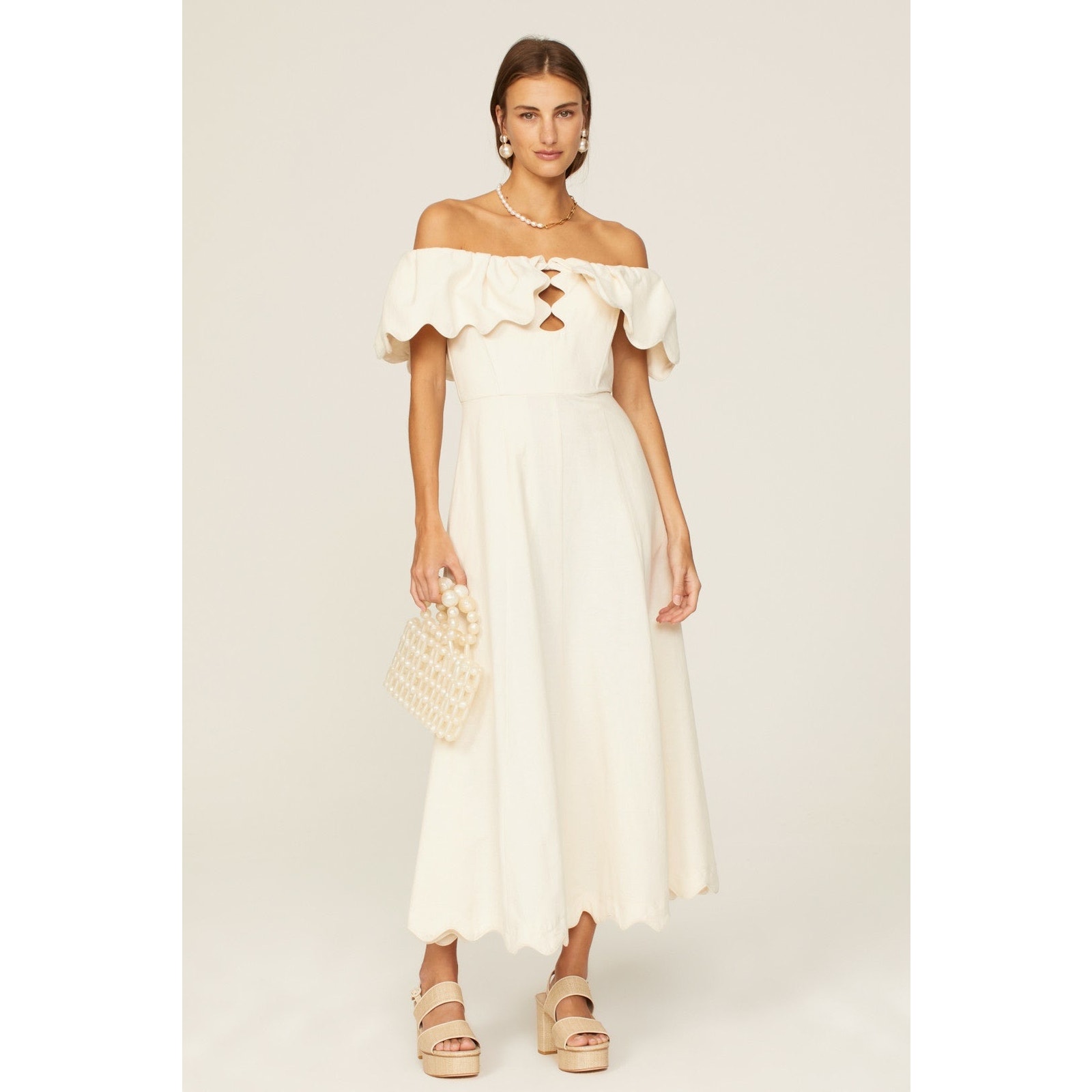 Sea New York Off White Cotton Off-The-Shoulder Scalloped Trim Leona Dress Size 2